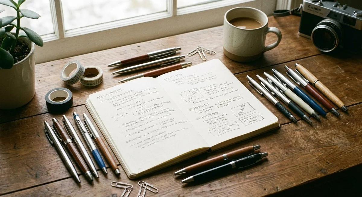 Bureau avec stylos Stylo Reynolds et cahiers