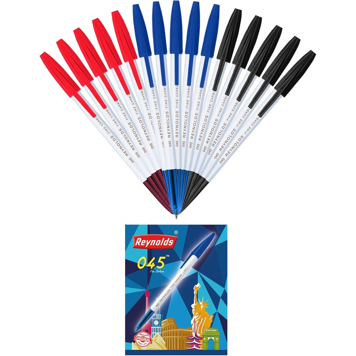 Reynolds 045 Lot de 15 stylos à bille tricolores